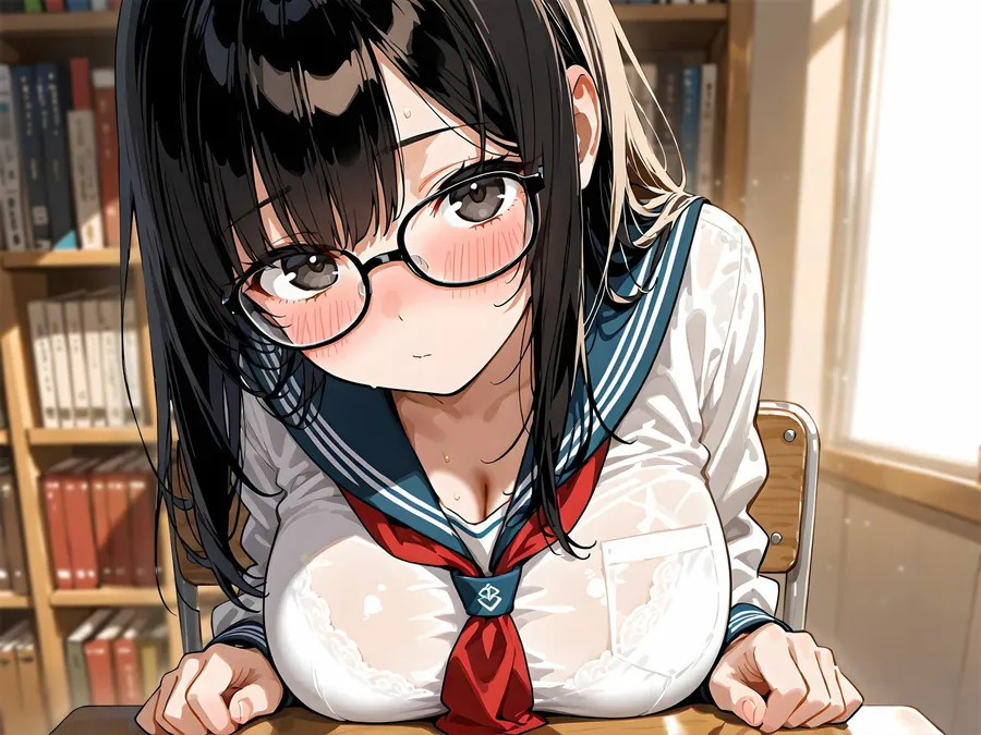 【エロ同人漫画】おとなしめな巨乳図書委員の後輩に勉強を教えていたら…谷間に興奮して勃起バレ→密着囁きでお礼の中出しえっち-3枚目